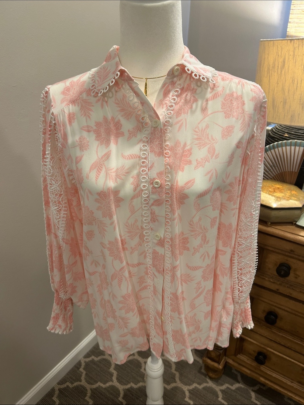 Light Pink Floral Lace-Trim Button-Up Blouse